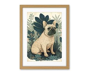 Artery8 French Bulldog and Tropical Plants Modern Pastel Colour Boho Illustration Artwork Framed Wall Art Print 18X24 Inch
