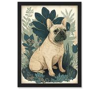 Artery8 French Bulldog And Tropical Plants Modern Pastel Colour Boho Illustration Wall Art Print - A4 Size