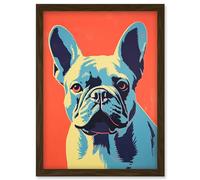 Artery8 French Bulldog Colour Block Artwork Coral Orange Blue Vibrant Pet Portrait Cute Artwork Framed Wall Art Print A4