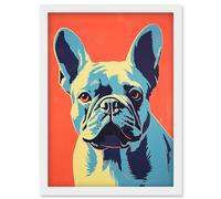 Artery8 Wall Art Print French Bulldog Colour Block Artwork Coral Orange Blue Vibrant Pet Portrait Cute Artwork Framed A4 in White Artery8 White A4
