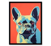 Artery8 French Bulldog Orange And Blue Bold Vibrant Screen Print Risograph Coral Teal Artwork Spot Block Colour Duotone Retro Riso Interior Design Artwork Framed Wall Art Print 18X24 Inch