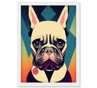 Artery8 French Bulldog Portrait Geometric Pastel Modern Illustration Artwork Framed Wall Art Print A4 in White Artery8 White