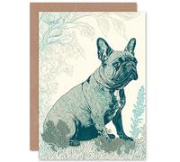 Artery8 French Bulldog Sitting in the Park Modern Monochrome Linocut Illustration Art Birthday Sealed Greeting Card Plus Envelope Blank inside