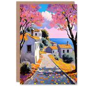 Artery8 French Coastal Village With Cherry Blossoms Trees Birthday Greeting Card Artery8 Multicolor