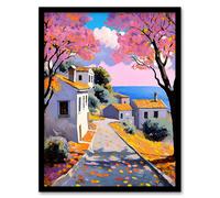 Artery8 French Coastal Village With Cherry Blossoms Trees Framed Art Print | Size: W12" x H16" Artery8 Multicolor W12" x H16"