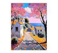 Artery8 French Coastal Village With Cherry Blossoms Trees Living Room Extra Large XL Wall Art Poster Print