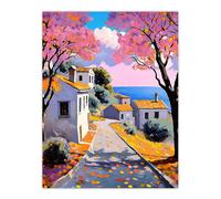 Artery8 French Coastal Village With Cherry Blossoms Trees Wall Art Print | Size: W12" x H16" Artery8 Multicolor W12" x H16"