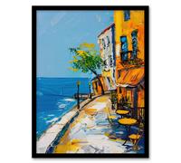 Artery8 French Seaside Town Cafe Street Oil Painting Framed Art Print in Blue | Size: W12" x H16" Artery8 Blue W12" x H16"