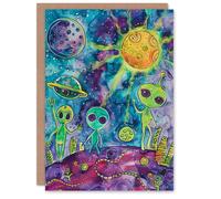 Artery8 Friendly Happy Space Aliens Planets Watercolour Birthday Card in Purple Artery8 Purple