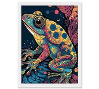Artery8 Frog Portrait Acrylic Painting Colourful Psychedelic Patterns Aquatic Animal Modern Pop Art Artwork Framed Wall Art Print A4