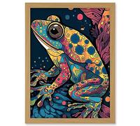 Artery8 Frog Portrait Acrylic Painting Colourful Psychedelic Patterns Aquatic Animal Modern Pop Art Artwork Framed Wall Art Print A4
