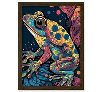 Artery8 Frog Portrait Acrylic Painting Colourful Psychedelic Patterns Aquatic Animal Modern Pop Art Artwork Framed Wall Art Print A4