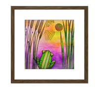 Artery8 Frog Watching the Sunset Pond Reeds Purple Pink Green Watercolour Painting Square Wooden Framed Wall Art Print Picture 8X8 Inch in Brown Artery8 Brown