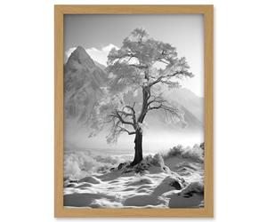 Artery8 Frozen Tree in Snowy Mountain Landscape Bright Black and White Photograph Winter Sunrise Crisp Morning Light Artwork Framed A3 Wall Art Print