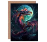 Artery8 Full Moon Dragon Fantasy Custom Greeting Card Personalised Message Inside for Him or Her Man Woman Birthday Thank You Congratulations
