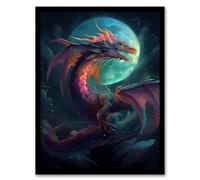 Artery8 Full Moon Dragon Oil Painting Blue Purple Fantasy Creature Dancing In The Clouds Colourful Magical Nature Mystical Modern Artwork Framed Wall Art Print A4