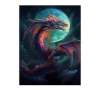 Wall Art Print Full Moon Dragon Oil Painting Blue Purple Fantasy Creature Dancing In The Clouds Colourful Magical Nature Mystical Modern Poster Artery8 Blue W18 inch x H24 inch