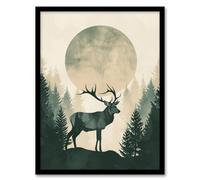 Artery8 Full Moon Forest Hill Stag Grey Green Design For Living Room Artwork Framed Wall Art Print A4
