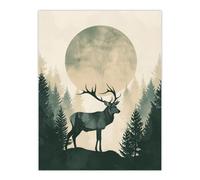 Artery8 Full Moon Forest Hill Stag Grey Green Design For Living Room Extra Large XL Wall Art Poster Print