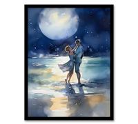Artery8 Full Moon Frolics Watercolour Beach Seascape Painting Blue Orange Couple Moonlight Dance At Coastal Landscape Bedroom Art Artwork Framed Wall Art Print 18X24 Inch