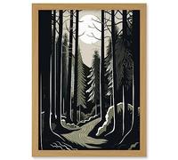 Artery8 Full Moon Night at Pine Forest Landscape Linocut Artwork Framed A3 Wall Art Print