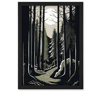 Artery8 Full Moon Night at Pine Forest Landscape Linocut Artwork Framed A3 Wall Art Print