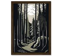 Artery8 Full Moon Night at Pine Forest Landscape Linocut Artwork Framed A3 Wall Art Print