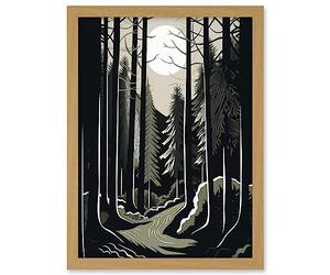 Artery8 Full Moon Night at Pine Forest Landscape Linocut Artwork Framed A3 Wall Art Print