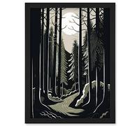 Artery8 Full Moon Night at Pine Forest Landscape Linocut Artwork Framed Wall Art Print A4