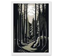 Artery8 Full Moon Night at Pine Forest Landscape Linocut Artwork Framed Wall Art Print A4
