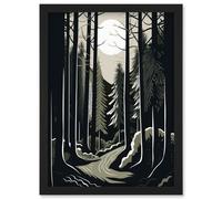 Artery8 Full Moon Night at Pine Forest Landscape Linocut Artwork Framed Wall Art Print A4 in Black Artery8 Black