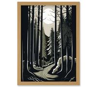 Artery8 Full Moon Night at Pine Forest Landscape Linocut Artwork Framed Wall Art Print A4 in Light Oak Artery8 Light Oak