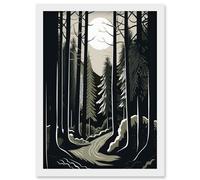 Artery8 Full Moon Night at Pine Forest Landscape Linocut Artwork Framed Wall Art Print A4 in White Artery8 White