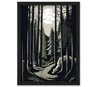 Artery8 Full Moon Night At Pine Forest Landscape Linocut Wall Art Print - A4 Size