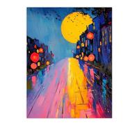Artery8 Full Moon Night City Street Colourful Abstract Living Room Extra Large XL Wall Art Poster Print