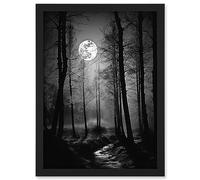 Artery8 Full Moon Over Misty Forest Black and White Photo Artwork Framed A3 Wall Art Print