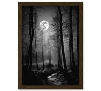Artery8 Full Moon Over Misty Forest Black and White Photo Artwork Framed A3 Wall Art Print
