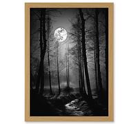 Artery8 Full Moon Over Misty Forest Black and White Photo Artwork Framed A3 Wall Art Print