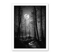 Artery8 Full Moon Over Misty Forest Black and White Photo Artwork Framed Wall Art Print 18X24 Inch