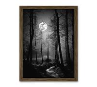Artery8 Full Moon Over Misty Forest Black and White Photo Artwork Framed Wall Art Print 18X24 Inch