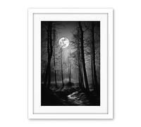 Artery8 Full Moon Over Misty Forest Black and White Photo Artwork Framed Wall Art Print 18X24 Inch