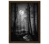 Artery8 Full Moon Over Misty Forest Black and White Photo Artwork Framed Wall Art Print A4