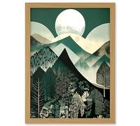 Artery8 Full Moon Over Mountain Forest Linocut Mid Century Sage Green Moonlit Landscape Artwork Framed A3 Wall Art Print