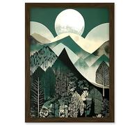 Artery8 Full Moon Over Mountain Forest Linocut Mid Century Sage Green Moonlit Landscape Artwork Framed A3 Wall Art Print