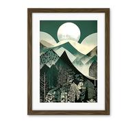 Artery8 Full Moon Over Mountain Forest Linocut Mid Century Sage Green Moonlit Landscape Artwork Framed Wall Art Print 18X24 Inch