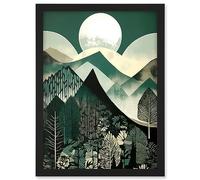 Artery8 Full Moon Over Mountain Forest Linocut Mid Century Sage Green Moonlit Landscape Artwork Framed A3 Wall Art Print