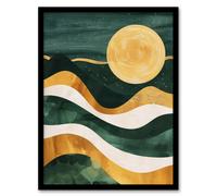 Artery8 Full Moon Over Mountains Green Gold Boho Abstract Framed Art Print in Dark Green | Size: A4 Artery8 Dark Green A4