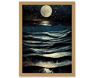 Artery8 Full Moon Rising Over Clear Night Sky Tidal Waves Artwork Framed A3 Wall Art Print