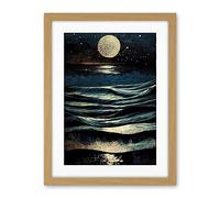 Artery8 Full Moon Rising Over Clear Night Sky Tidal Waves Artwork Framed Wall Art Print 18X24 Inch
