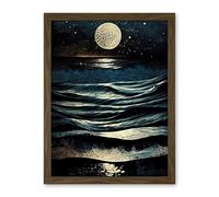 Artery8 Full Moon Rising Over Clear Night Sky Tidal Waves Artwork Framed Wall Art Print 18X24 Inch